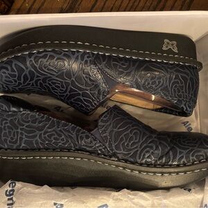 Alegria Navy Embossed Rose Shoes
